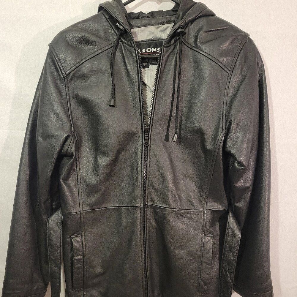 Wilson’s Leather Hooded Jacket Women’s Small Black Genuine Leather Belted Zip